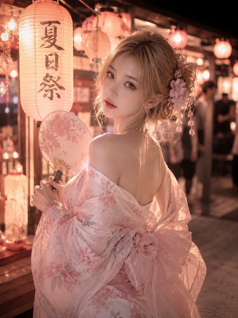 A beautiful woman in a pink floral kimono holds a fan, looking over her shoulder at night with lanterns in the background.