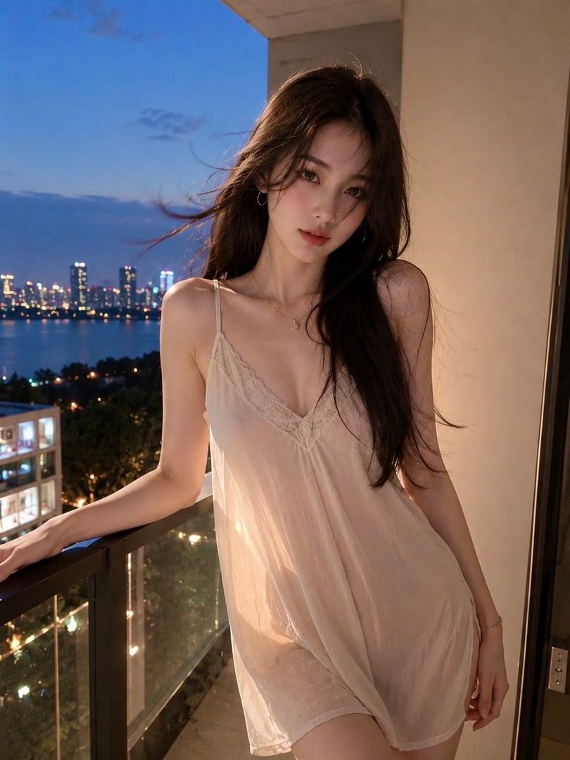 A beautiful woman with long brown hair stands on a balcony at night, overlooking a city skyline.