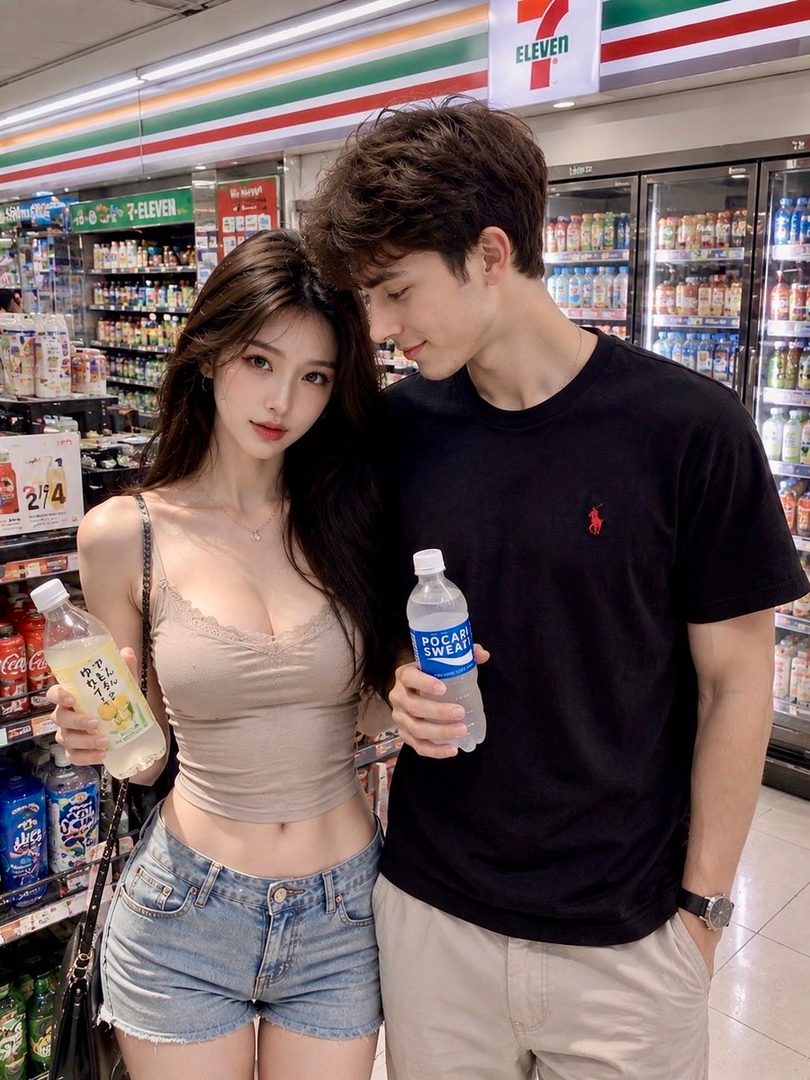 A photorealistic image of a young couple holding drinks in a 7-Eleven convenience store.