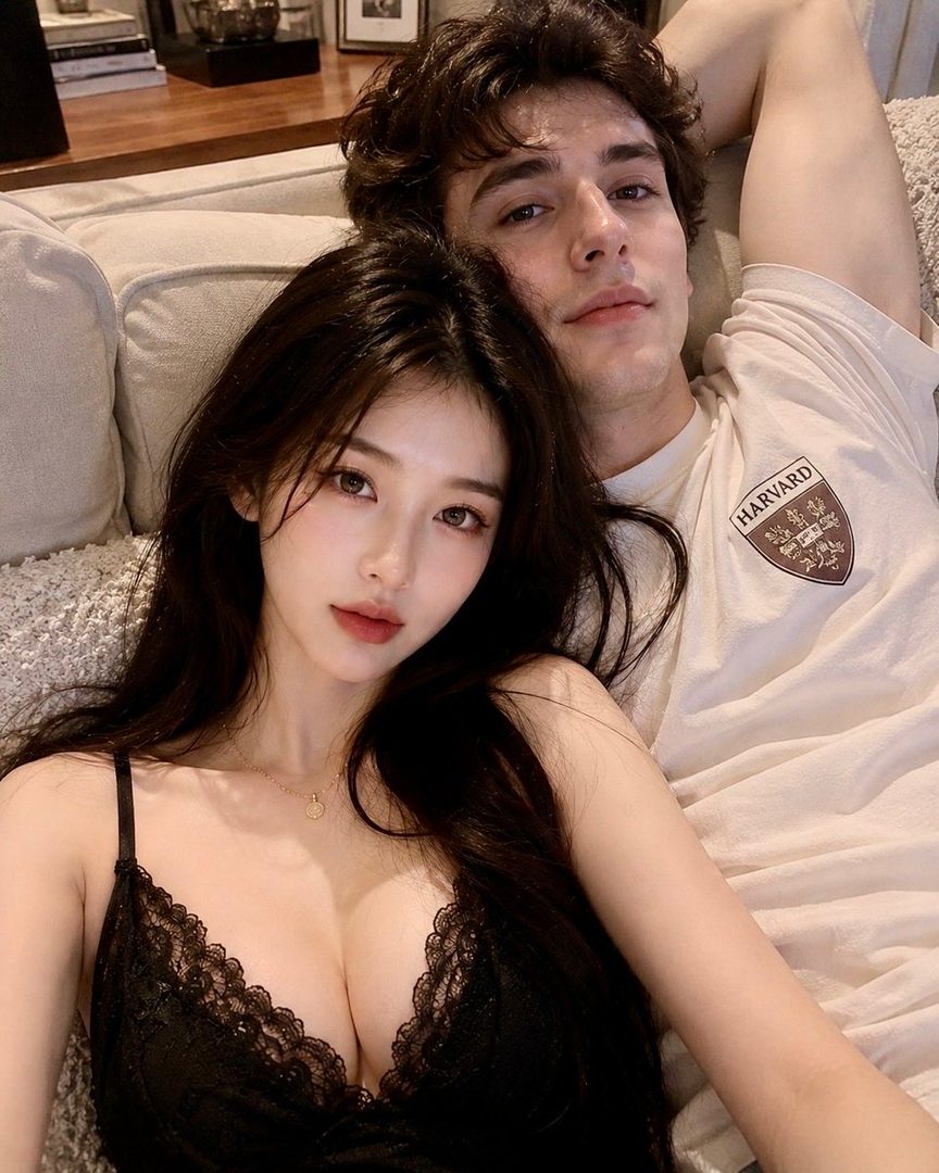 A photorealistic image of a couple lounging on a sofa, with the woman in a black lace top in the foreground.