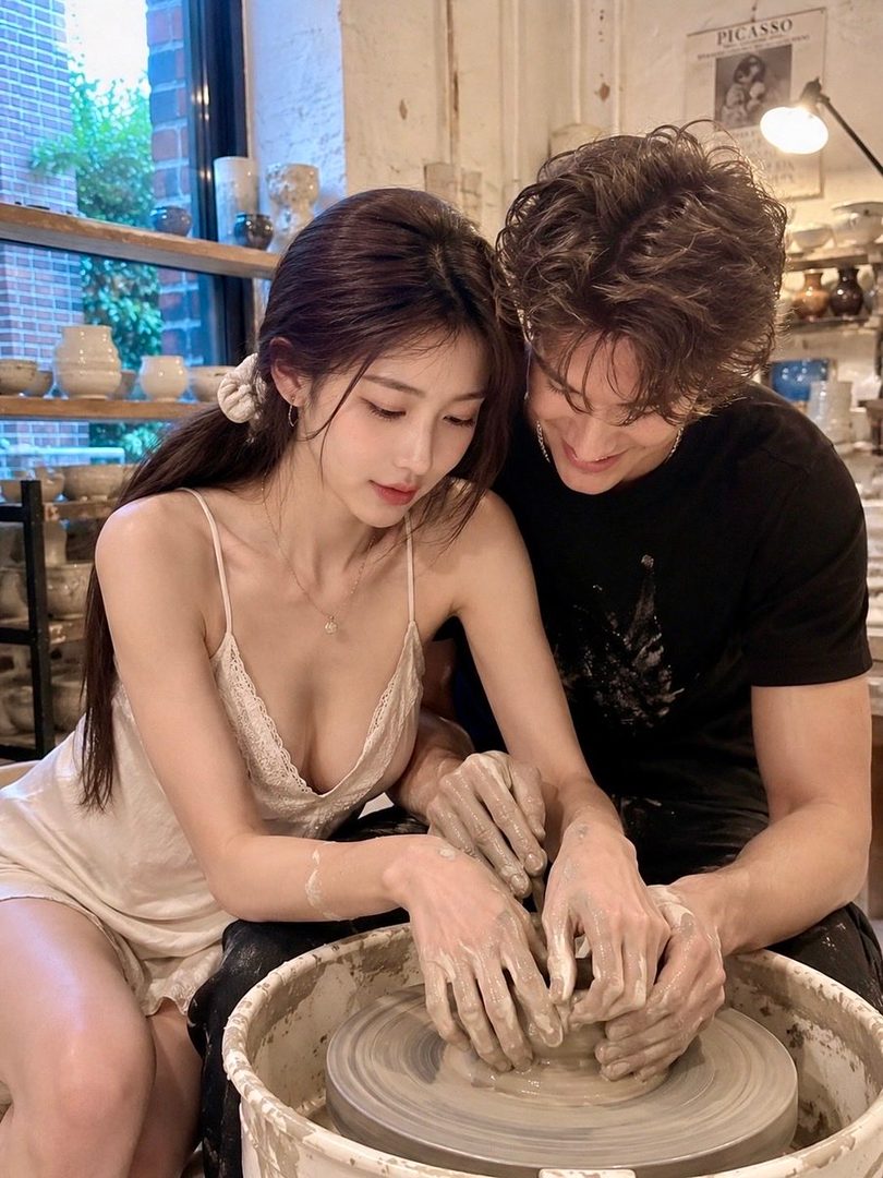 A couple is making pottery together, with the woman in a light-colored slip dress and the man in a black t-shirt, both with clay on their hands.