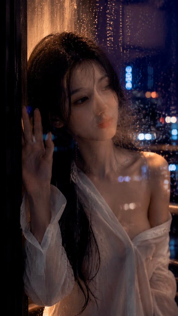 A woman with long black hair in a wet white shirt looks out a rainy window at night, with city lights blurred in the background.