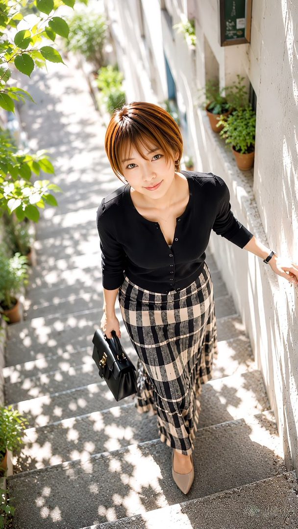 A woman with short brown hair and a plaid skirt walks down outdoor stairs, holding a black handbag.