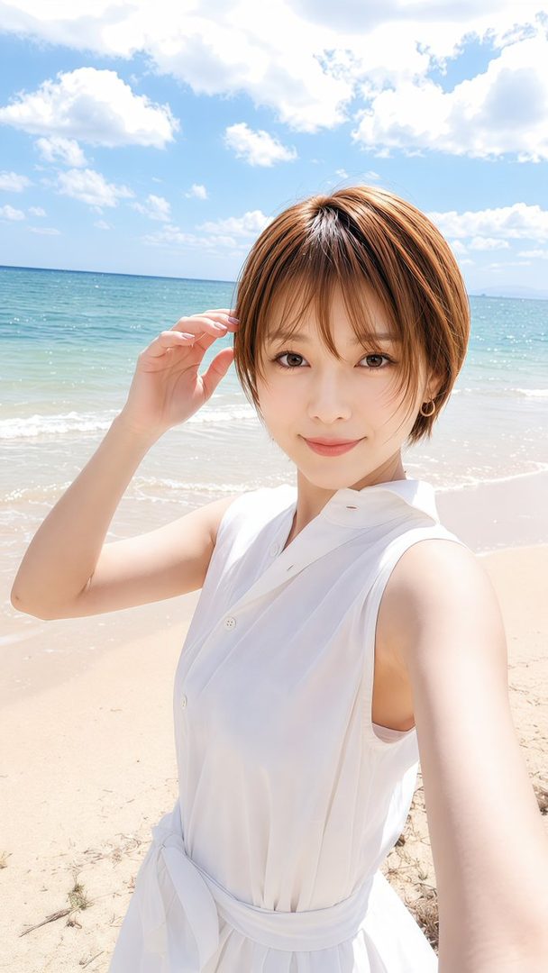 A smiling woman with short brown hair takes a selfie on a sunny beach, wearing a white sleeveless dress.