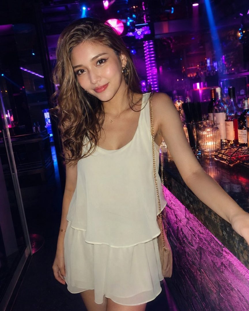 A young woman with long brown hair smiles while standing at a bar counter in a dimly lit club.