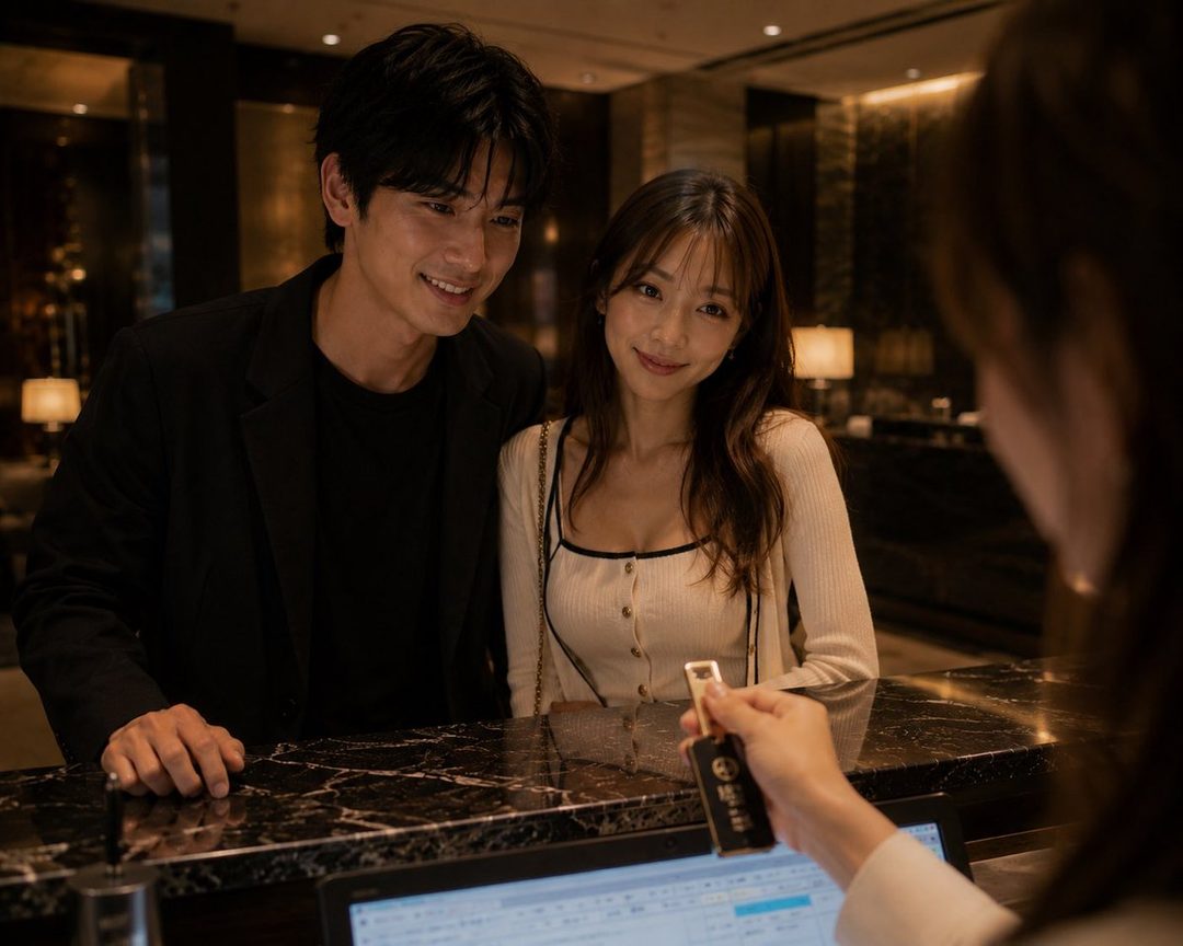 A Japanese couple smiling at a hotel reception desk, receiving a key card from an unseen person.