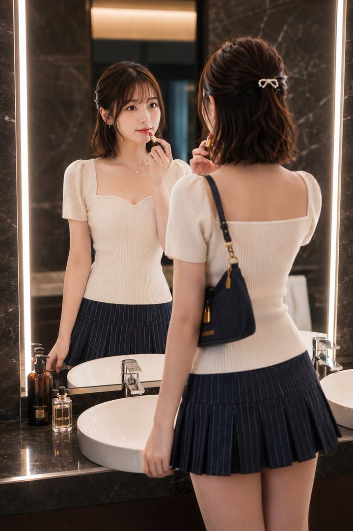 A young woman with short brown hair and bangs applies lipstick while looking into a mirror in a modern bathroom.
