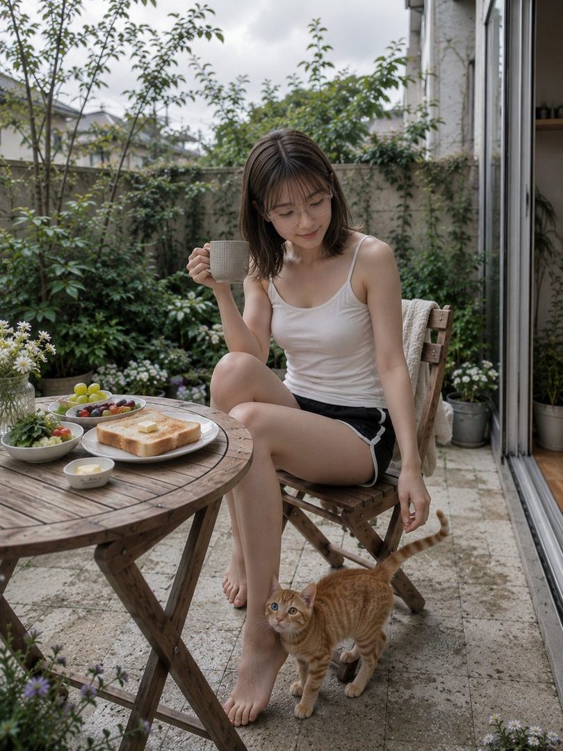 A young woman with short brown hair and glasses, wearing a white tank top and black shorts, sits barefoot at an outdoor wooden table with breakfast, holding a mug, while a small ginger cat looks up at her.