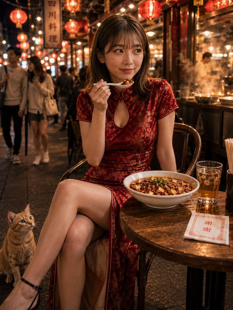 A young woman in a red cheongsam dress is eating at an outdoor table in a vibrant Chinatown street at night, with a cat looking up at her.