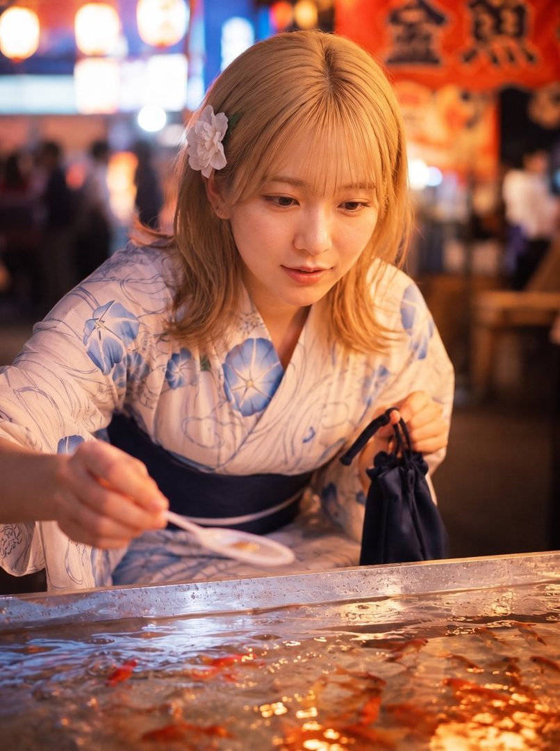 A young woman with blonde hair wearing a yukata is playing goldfish scooping at a night festival.