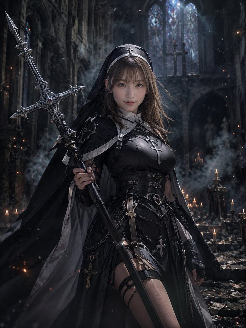A photorealistic image of a woman dressed in a dark, gothic nun-like outfit, holding a large, ornate cross-shaped staff in a dimly lit, ruined church.