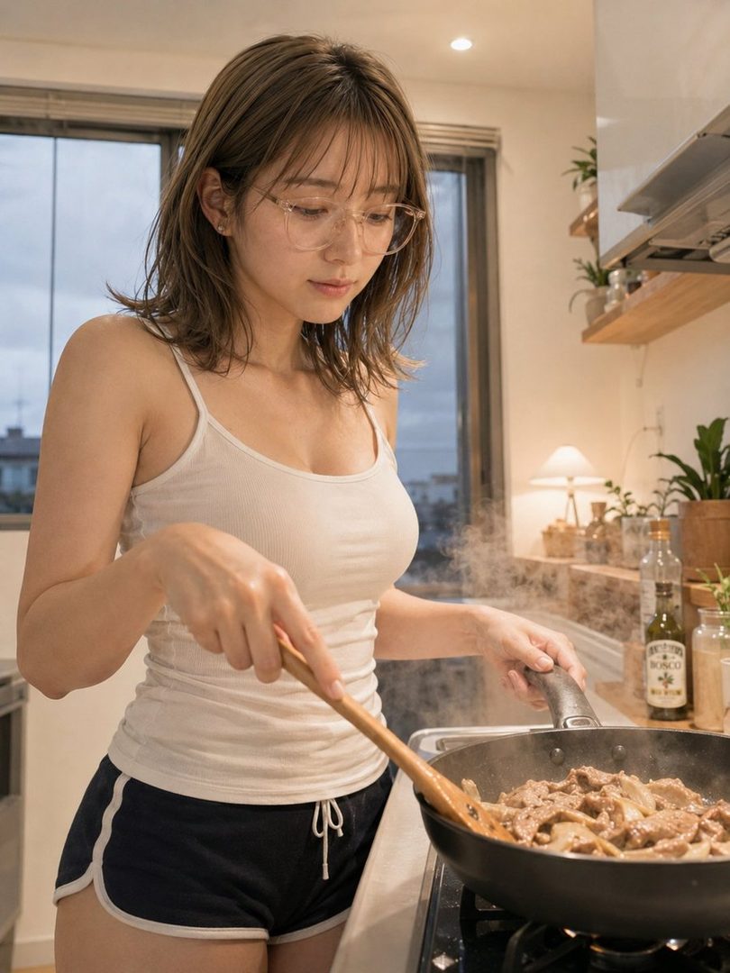 A young woman with short brown hair and glasses is cooking in a kitchen, stirring food in a pan on the stove.