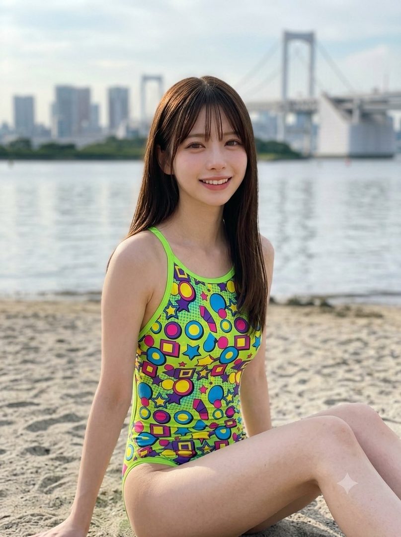 A young woman in a colorful swimsuit sits on a sandy beach with a city skyline and bridge in the background.