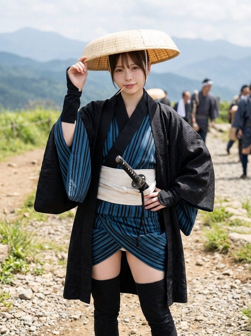 A young woman in a samurai-inspired outfit with a straw hat poses outdoors, holding a toothpick in her mouth.