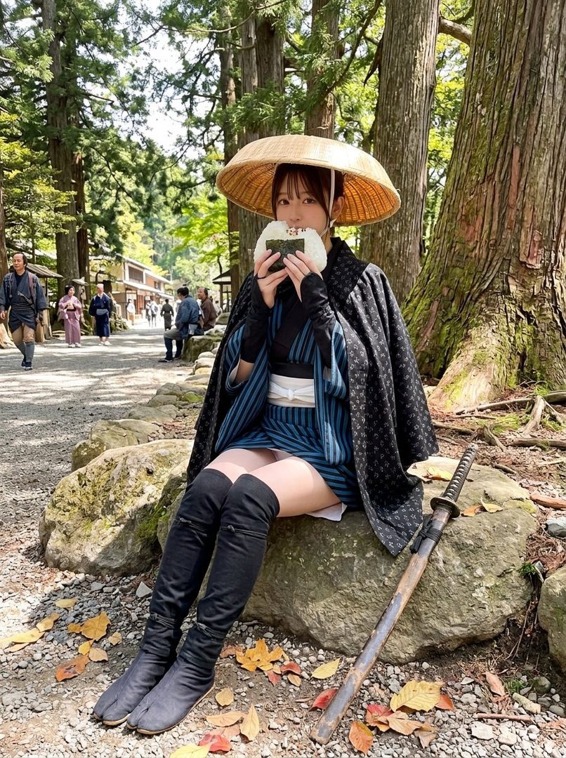 A woman in traditional Japanese attire and a straw hat sits outdoors, eating an onigiri, with a katana resting beside her.