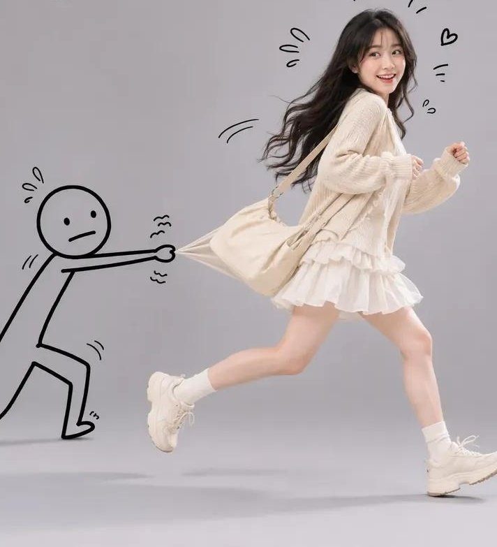 A young woman in a cream-colored cardigan and white skirt is playfully pulled by a stick figure on a gray background.