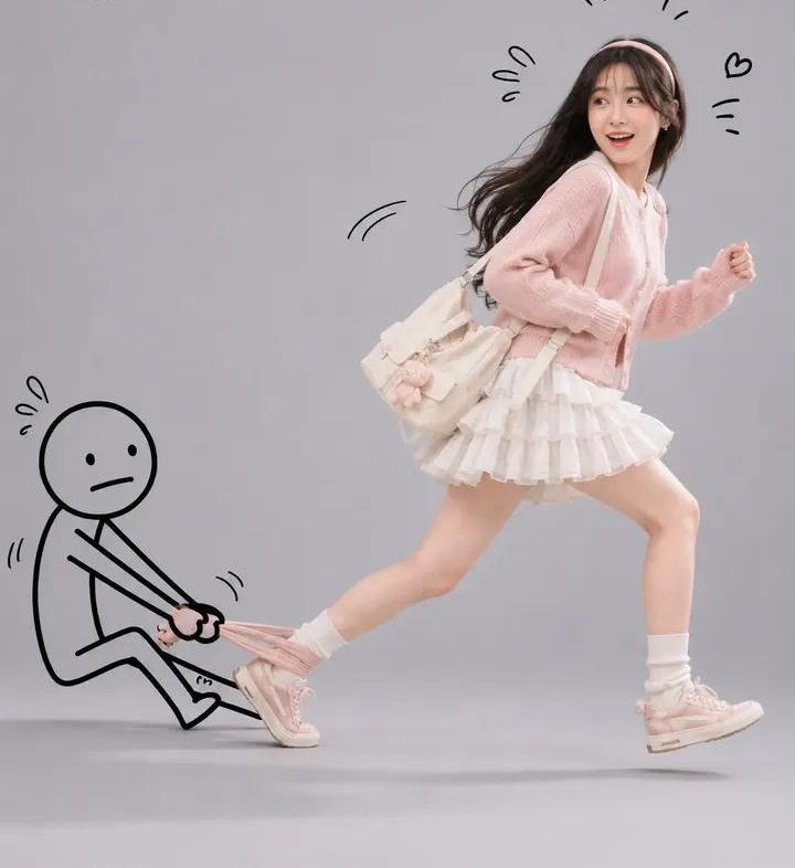 A young Korean woman in a pink cardigan and white pleated skirt is playfully running away from a stick figure who is tugging at her leg, set against a clean gray studio background with hand-drawn doodles.