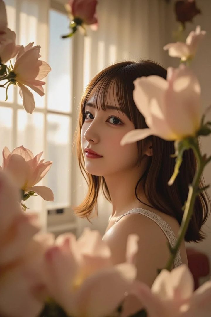 A photorealistic portrait of a young woman with brown hair and bangs, looking over her shoulder, surrounded by soft pink flowers indoors.