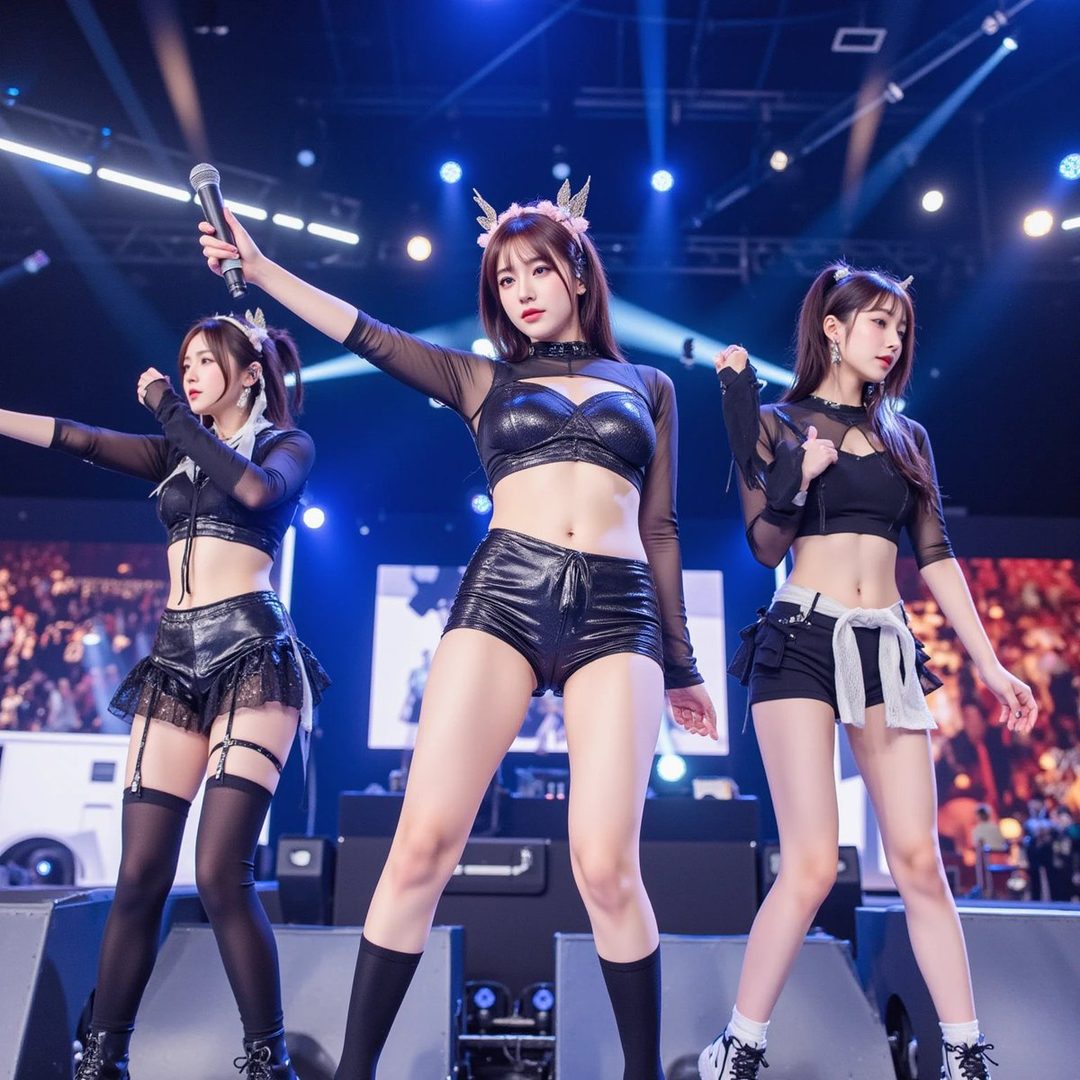 Three young women in black stage outfits are performing on a brightly lit stage, one holding a microphone.