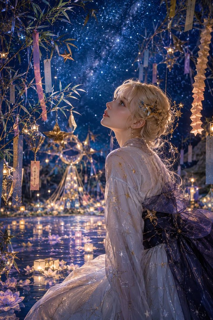 A blonde woman in a starry kimono looks up at a night sky filled with stars and illuminated decorations, with water lanterns floating below.