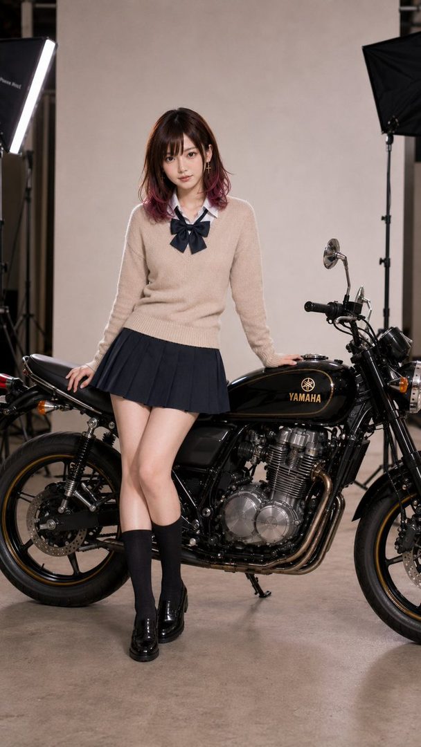 A young woman in a school uniform poses with a black Yamaha motorcycle in a studio setting.
