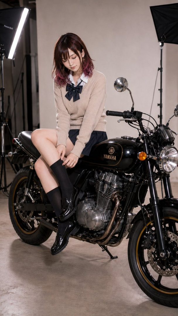 A young woman in a school uniform sits on a black Yamaha motorcycle in a studio setting.