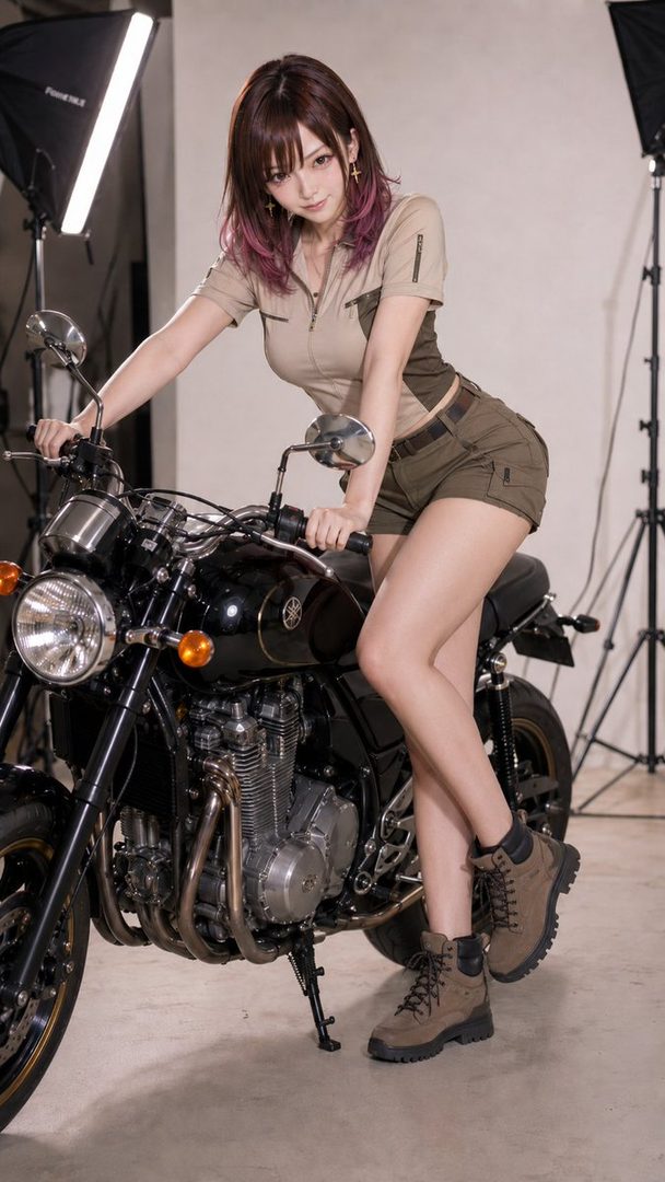 A young woman with brown and pink hair poses with a motorcycle in a studio setting.