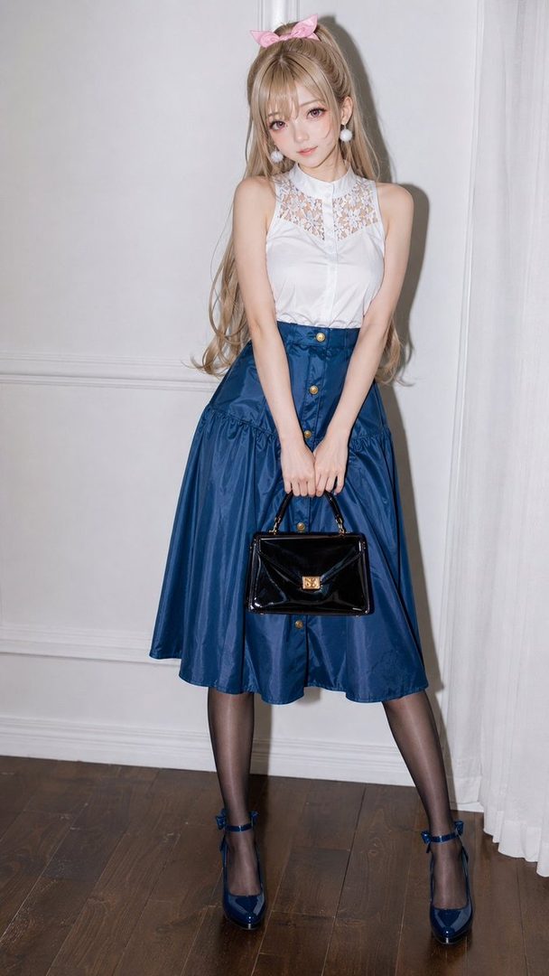 A photorealistic portrait of a woman with long blonde hair, wearing a white sleeveless lace top, a blue high-waisted skirt, black sheer stockings, and blue heels, holding a black handbag.