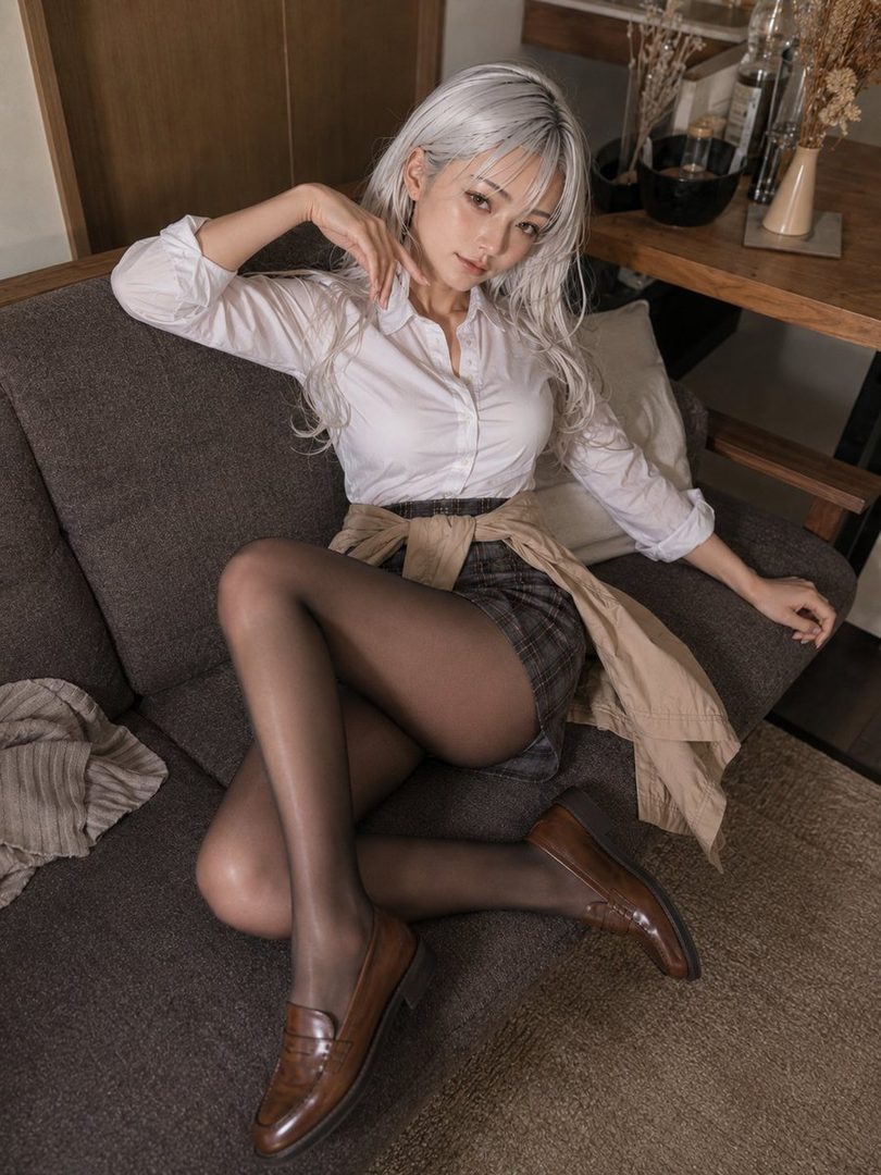 A woman with white hair and a white blouse sits on a sofa, wearing a plaid skirt and black tights.