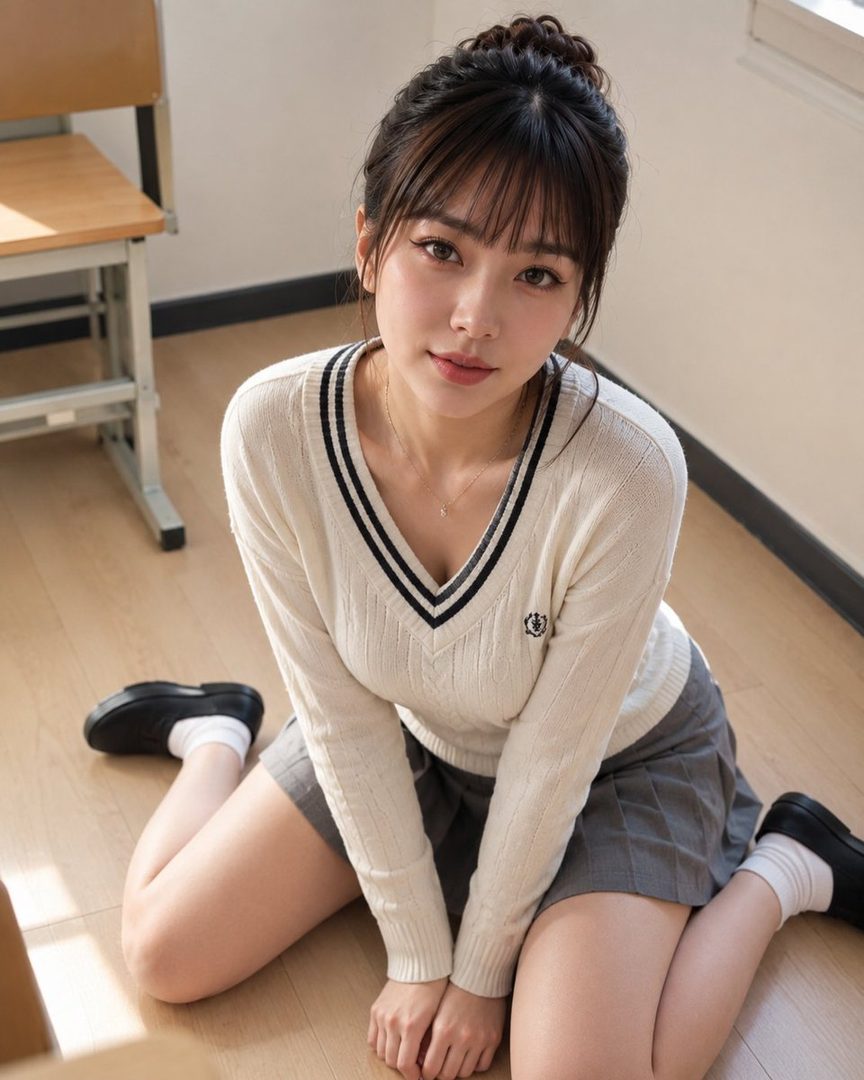 A young woman with brown hair and bangs, wearing a white V-neck sweater and a grey pleated skirt, kneels on a wooden floor indoors.