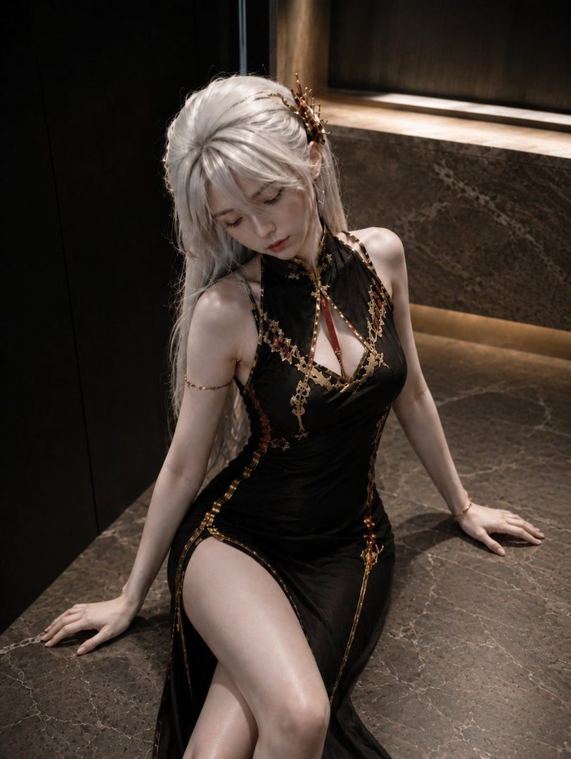 A woman with long white hair and a black and gold dress with a high slit sits indoors.