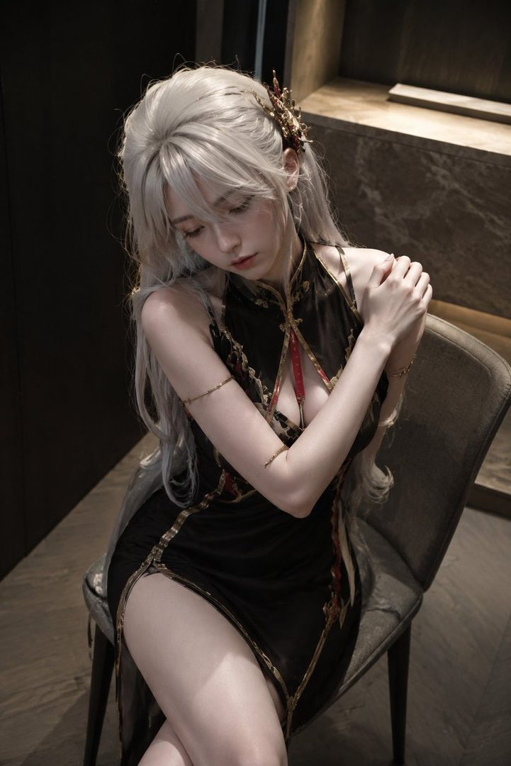 A photorealistic portrait of a woman with long silver hair wearing a black and red traditional-style dress, sitting indoors.