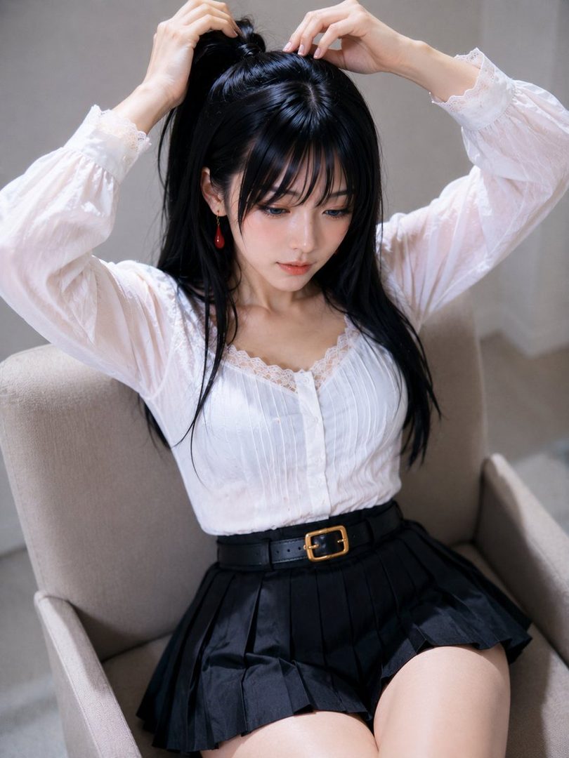 A young woman with long black hair and bangs, wearing a white blouse and black pleated skirt, sits in a chair and adjusts her ponytail.