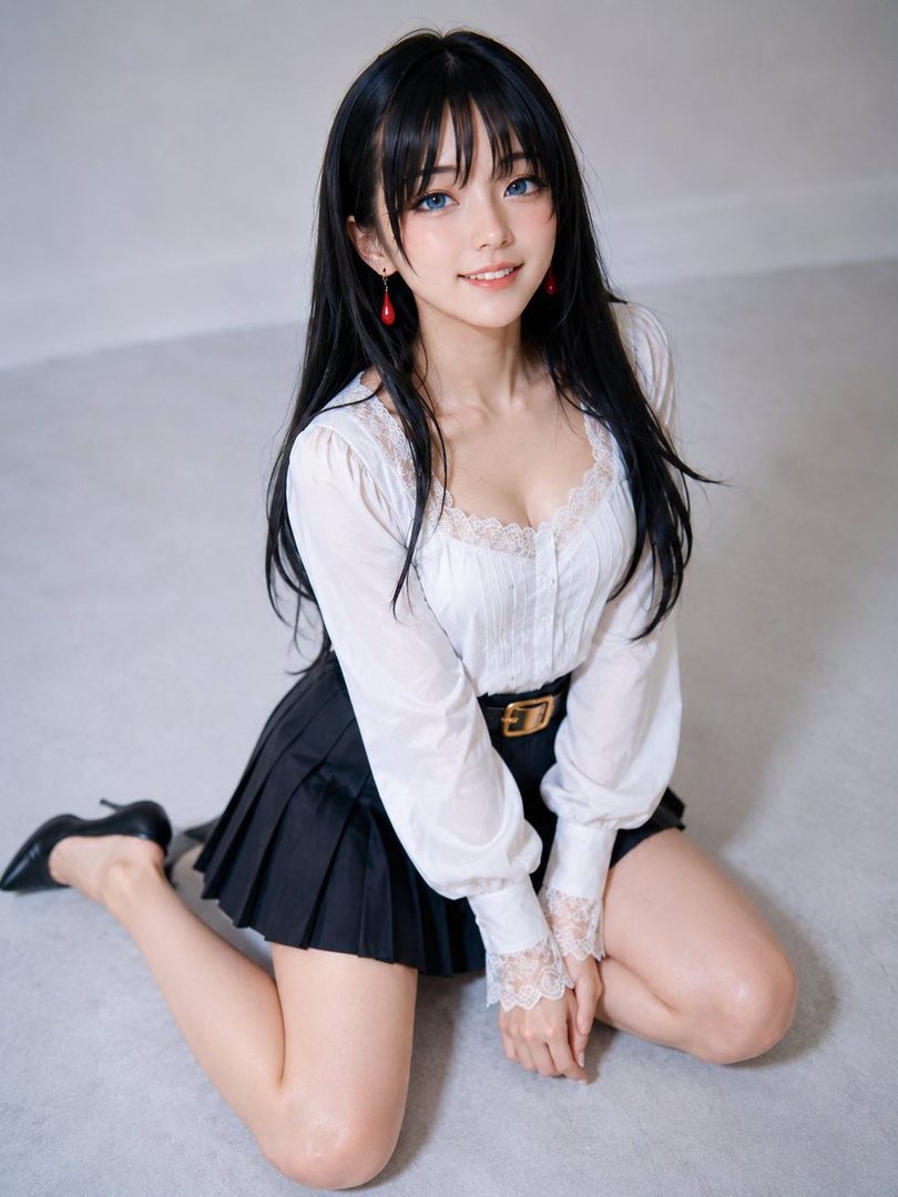 A young woman with long black hair and bangs, wearing a white lace blouse and a black pleated skirt, kneels on a light gray floor.