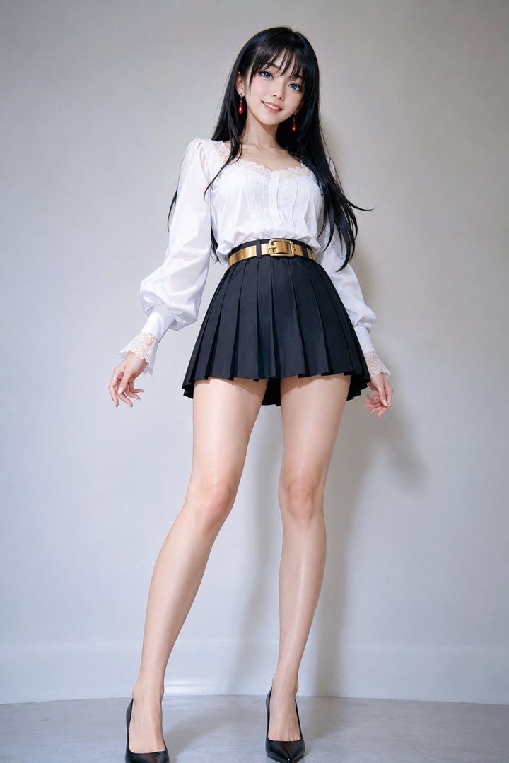 A young woman with long black hair and bangs wears a white blouse, a black pleated mini skirt, and a gold belt, posing indoors against a plain background.
