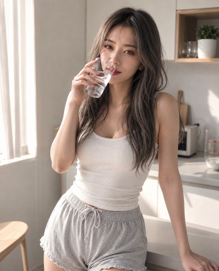 A photorealistic portrait of a young woman with long brown hair, wearing a white tank top and grey shorts, drinking water in a sunlit kitchen.