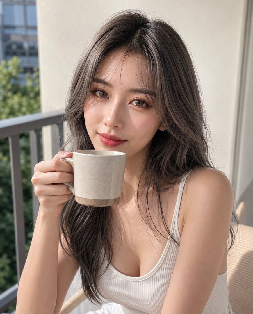 A beautiful woman with long brown hair sips from a mug on a sunny balcony.