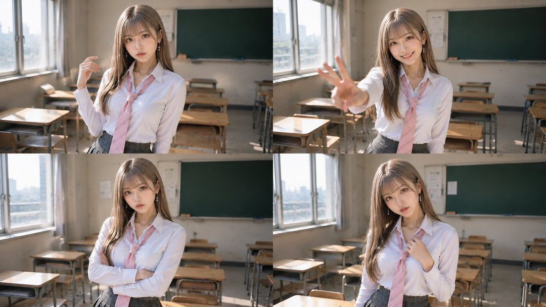 A young woman with long brown hair and bangs, wearing a school uniform with a pink tie, poses in an empty classroom.