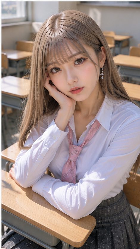 A young woman with long blonde hair and bangs, wearing a school uniform with a white blouse and pink tie, sits at a desk in a classroom.