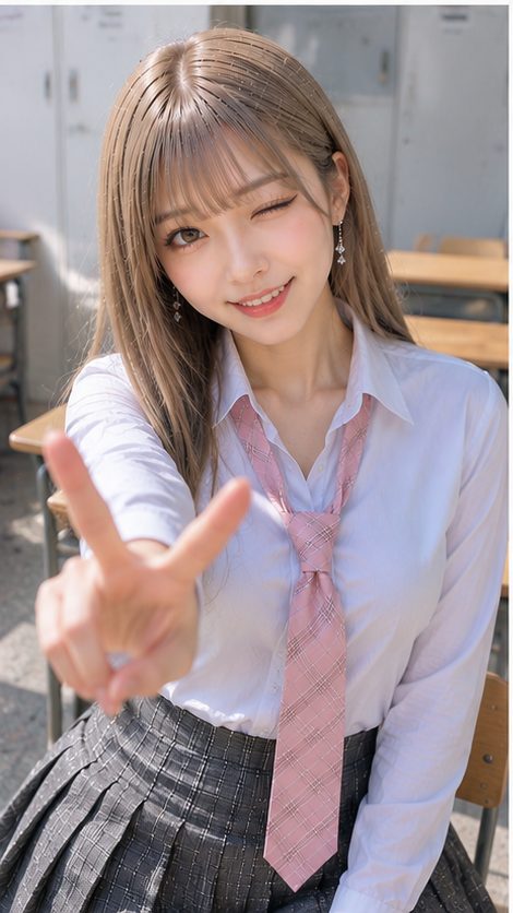 A young woman with blonde hair and bangs, wearing a school uniform with a pink tie, winks and makes a peace sign.