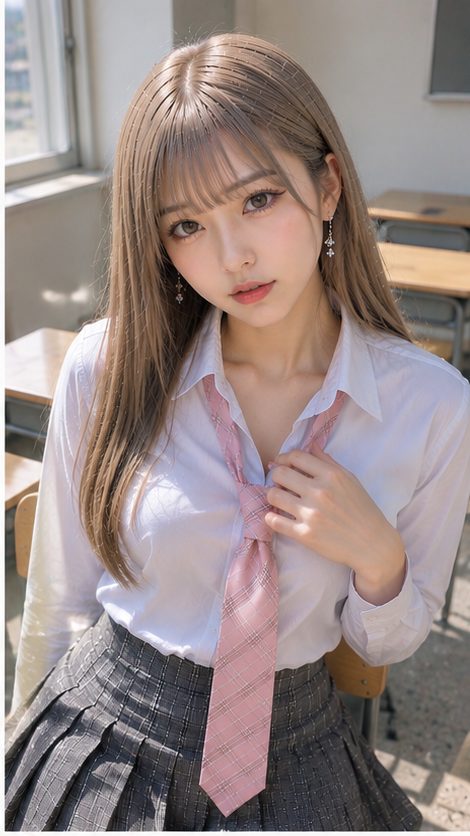 A photorealistic portrait of a young woman with long blonde hair and bangs, wearing a white blouse, a pink tie, and a plaid skirt, sitting in a classroom.