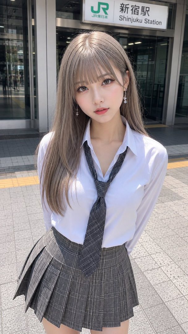 A young woman with long blonde hair and bangs, wearing a school uniform with a plaid skirt and white shirt, stands in front of Shinjuku Station.