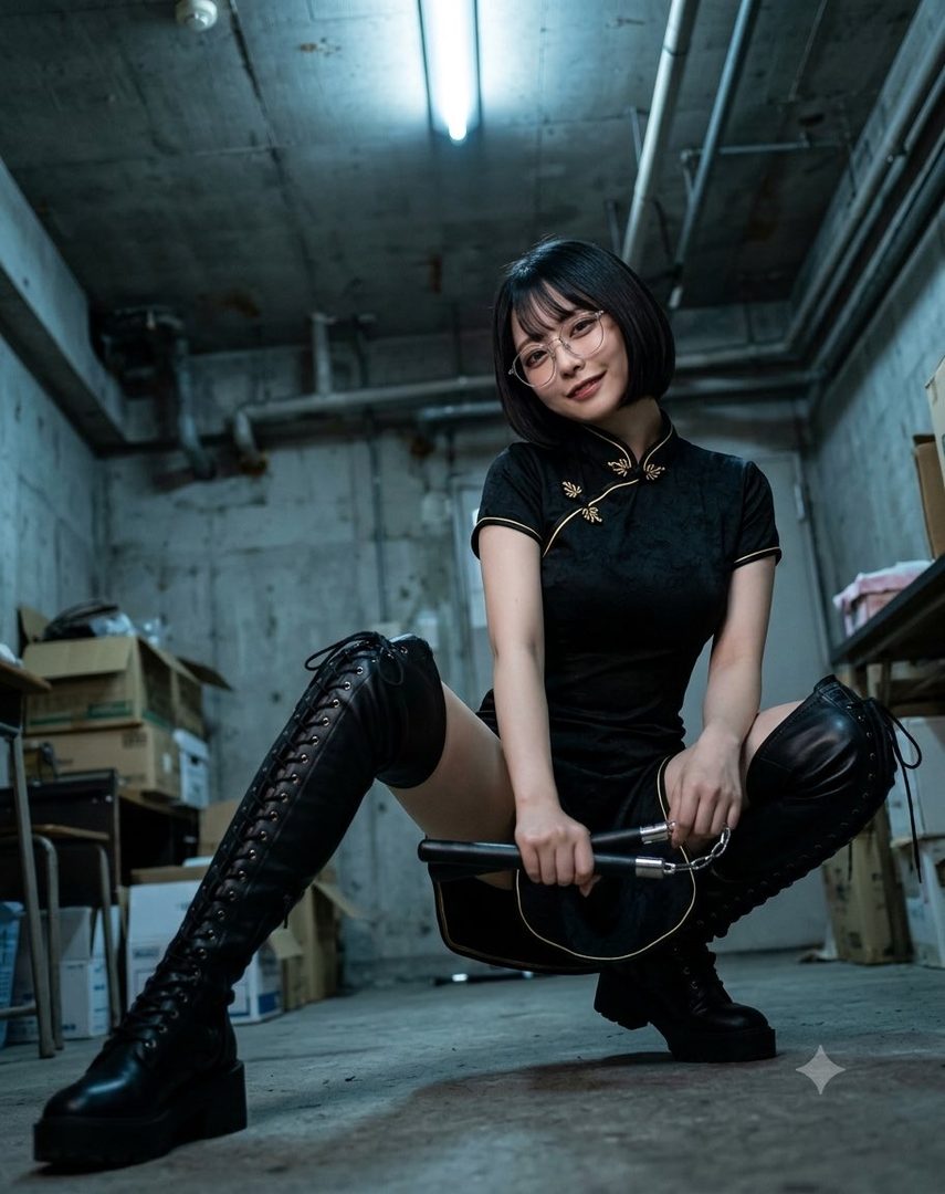 A woman in a black cheongsam dress and thigh-high boots crouches in a dimly lit room, holding nunchaku.