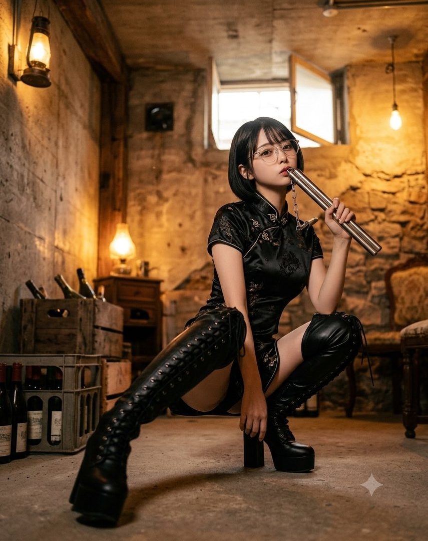 A woman in a black cheongsam and thigh-high boots crouches in a dimly lit, rustic room, holding a metal object to her mouth.