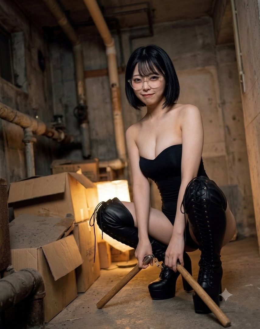 A woman with short black hair and glasses, wearing a black strapless top and thigh-high boots, crouches in a dimly lit room with cardboard boxes and pipes, holding nunchaku.