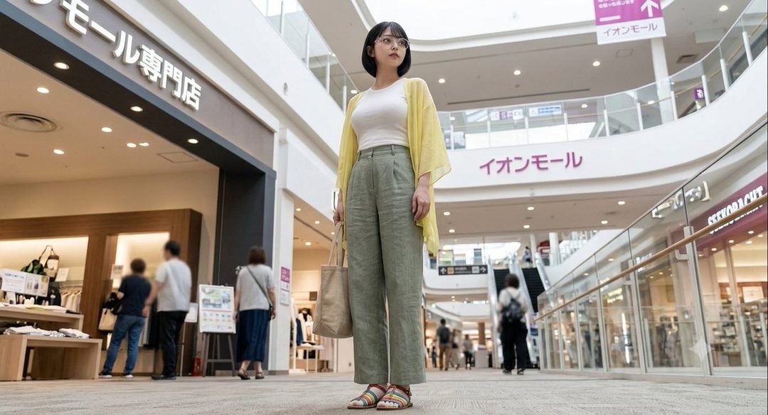 A young woman with short black hair and glasses stands in a shopping mall, wearing a white top, light green pants, and a yellow sheer cardigan.