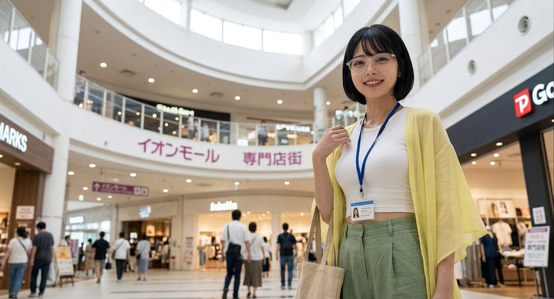 A young woman with short black hair and glasses smiles while standing in a shopping mall.
