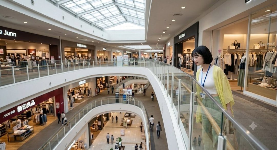 A young woman with short black hair and glasses, wearing a white top and yellow cardigan, looks down from a railing in a brightly lit shopping mall.