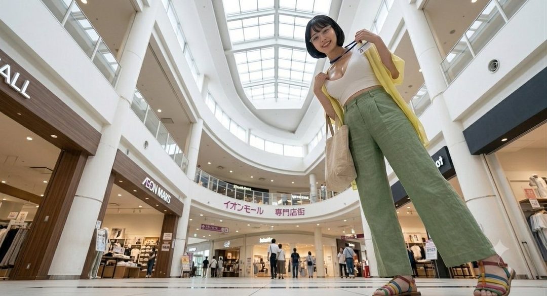 A young woman with short black hair and glasses, wearing a white top, green pants, and a yellow cardigan, poses in a brightly lit shopping mall.
