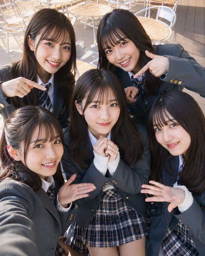 Five young women in Japanese school uniforms pose for a group selfie outdoors, smiling brightly at the camera.